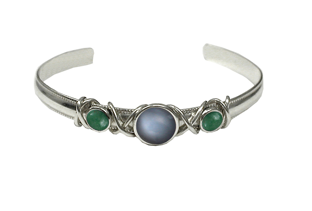 Sterling Silver Hand Made Cuff Bracelet With Grey Moonstone And Jade